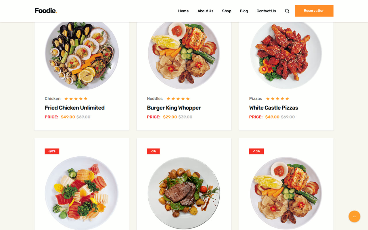 Menu filtrable du site Foodie